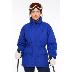 Vintage 80s Rainer Women’s Quilted Ski Jacket Blue, Cinch Waist, Logo Patch XL